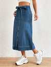 Jupe midi en denim - jupe bleu royal pour femmes avec ceinture à nouer