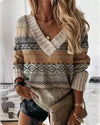 Pull en v pour femmes avec motif tricoté élégant beige - vêtements décontractés pour l'automne/hiver