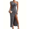 Robe de soirée pour femmes - élégante robe pailletée à épaule dénudée avec fente latérale - tenue formelle chic