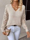 Pull en maille pour femmes avec un élégant col en v - pull léger à manches en dentelle pour une tenue décontractée