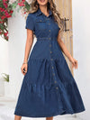 Robe midi en denim - bleu profond pour femmes avec boutons