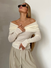 Pull en maille off-shoulder pour femmes - haut chic à manches longues pour le quotidien ou les soirées