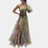 Robe maxi femme élégante design épaule dénudée jaune pour vos soirées - tissu léger et fluide avec fente haute
