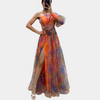 Robe maxi femme élégante design épaule dénudée jaune pour vos soirées - tissu léger et fluide avec fente haute