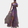 Robe maxi femme élégante design épaule dénudée jaune pour vos soirées - tissu léger et fluide avec fente haute