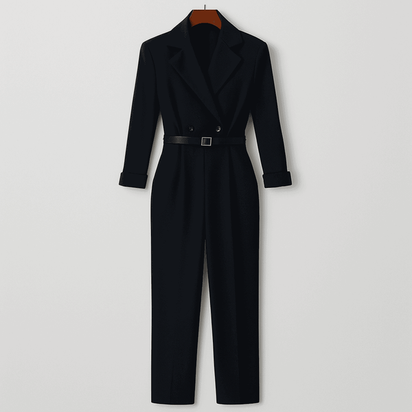 Jumpsuit féminin élégant à jambes larges noir - design ceinturé à double boutonnage pour les dames sophistiquées