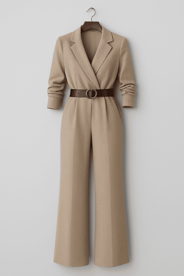 Combinaison femme taupe avec ceinture et blazer, coupe palazzo - tenue de bureau élégante