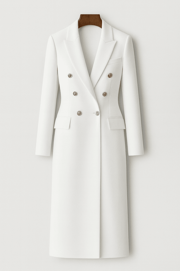 Blazer long élégant pour femme - manteau d'hiver chic à double boutonnage blanc pour le bureau et les soirées