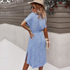 Robe chemise bleue pour femme avec motif floral - robe d'été chic à manches courtes