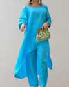 Ensemble tunique asymétrique et pantalon pour femmes - une tenue légère pour les occasions décontractées