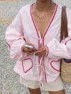 Chemisier décontracté pour femme en gingham léger avec dentelle et poches en forme de cœur - top pour le quotidien