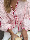 Chemisier décontracté pour femme en gingham léger avec dentelle et poches en forme de cœur - top pour le quotidien