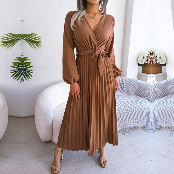 Robe midi femme - style wrap élégant avec manches longues plissées pour les occasions spéciales