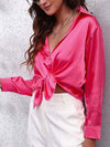 Blouse satin à manches longues - top élégant à boutons pour femmes