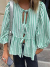 Blouse à manches bouffantes pour femmes - design rayé élégant avec détail à nouer pour un style décontracté au quotidien