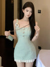 Robe mini en tweed chic pour femmes avec détails floraux - tenue d'été verte pour dames