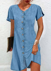 Robe en denim bleu à boutons pour femmes - tenue décontractée à manches courtes