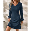 Robe tricot côtelé à manches longues pour femmes - robe décontractée en v cozy