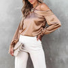 Blouse en satin marron à design asymétrique - haut élégant à manches longues pour look décontracté ou professionnel