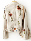 Veste en cuir pour femmes - design floral beige, tenue décontractée - motard chic brodé pour un style sans effort