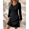 Robe tricot côtelé à manches longues pour femmes - robe décontractée en v cozy