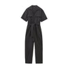 Salopette femme décontractée à manches courtes ceinturée en gris - tenue d'été élégante avec poches pratiques
