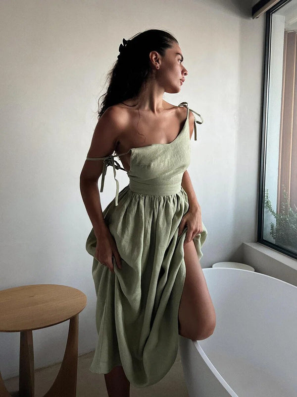 Robe midi décontractée pour femmes - beachwear en lin chic avec poches pour vos sorties d'été