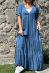 Robe maxi à volants pour femmes à manches courtes - décolleté en v pour un look décontracté d'été