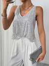 Top cami gris à sequins pour femmes - blouse sans manches avec embellissements scintillants