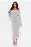 Robe midi grise décontractée à épaules dénudées - élégante pour le jour ou la soirée