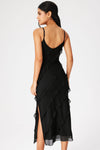 Robe midi élégante noire pour femmes avec volants - tenue de soirée polyvalente avec fente