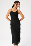 Robe midi élégante noire pour femmes avec volants - tenue de soirée polyvalente avec fente