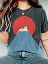 T-shirt en coton femme avec motif chat et montagne - look décontracté pour tous les jours