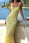 Robe maxi florale jaune - tenue d'été décontractée avec décolleté rond