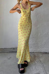 Robe maxi florale jaune - tenue d'été décontractée avec décolleté rond