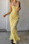 Robe maxi florale jaune - tenue d'été décontractée avec décolleté rond