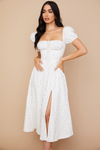 Robe midi florale pour femmes - tenue élégante d'été avec manches bouffantes et détail corset pour les garden-parties
