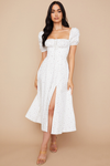 Robe midi florale pour femmes - tenue élégante d'été avec manches bouffantes et détail corset pour les garden-parties
