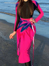 Maillot de bain femme à manches longues avec jupe intégrée - costume de bain sobre rose foncé pour la plage et la piscine