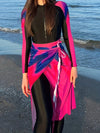 Maillot de bain femme à manches longues avec jupe intégrée - costume de bain sobre rose foncé pour la plage et la piscine
