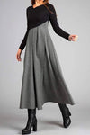 Robe maxi femme élégante à manches longues - robe grise évasée avec jupe plissée