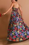 Robe maxi femme élégante à imprimé floral en taffetas noir - tenue d'été polyvalente