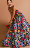 Robe maxi femme élégante à imprimé floral en taffetas noir - tenue d'été polyvalente