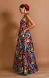 Robe maxi femme élégante à imprimé floral en taffetas noir - tenue d'été polyvalente