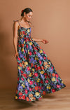 Robe maxi femme élégante à imprimé floral en taffetas noir - tenue d'été polyvalente