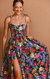 Robe maxi femme élégante à imprimé floral en taffetas noir - tenue d'été polyvalente