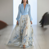 Robe maxi femme - élancée à manches longues et décolleté en v bleu pour les soirées jardin