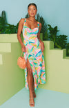 Robe midi femmes en satin premium - imprimé tropical pour des journées d'été élégantes