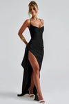 Robes de soirée pour femme - élégante robe en satin noire avec fente séduisante