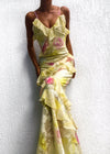 Robe de soirée femme - tenue jaune à volants pour occasions spéciales - design élégant, tissu léger